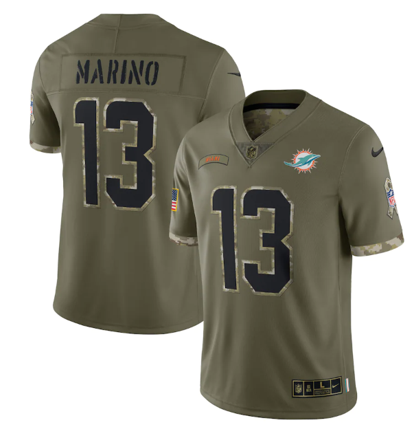 Men's Miami Dolphins #13 Dan Marino Olive 2022 Salute To Service Limited Stitched Jersey